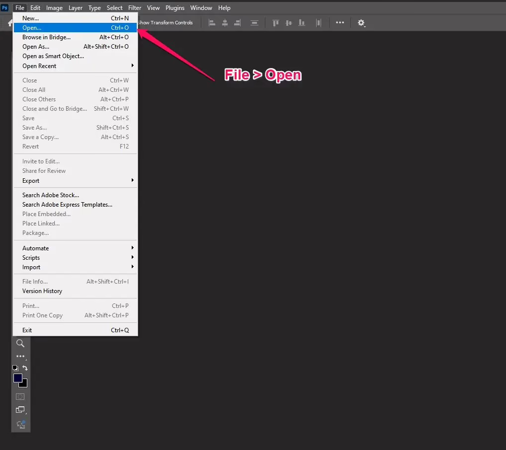Adobe photoshop, file - open