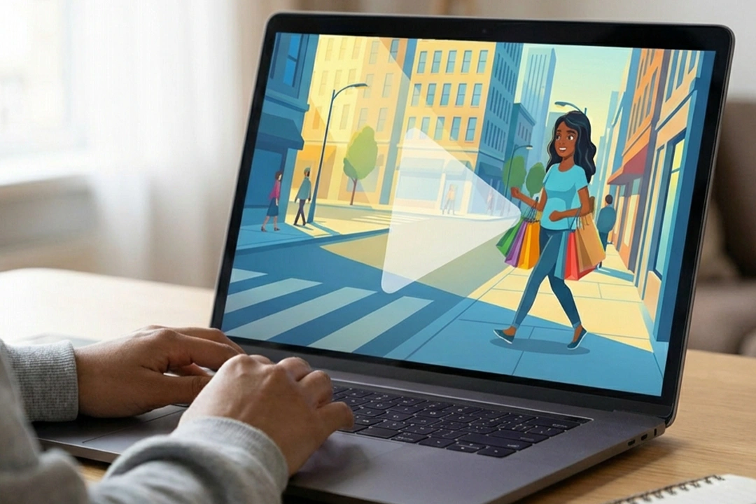 A video that depicts an illustration of a shopper is being shown on a computer monitor.