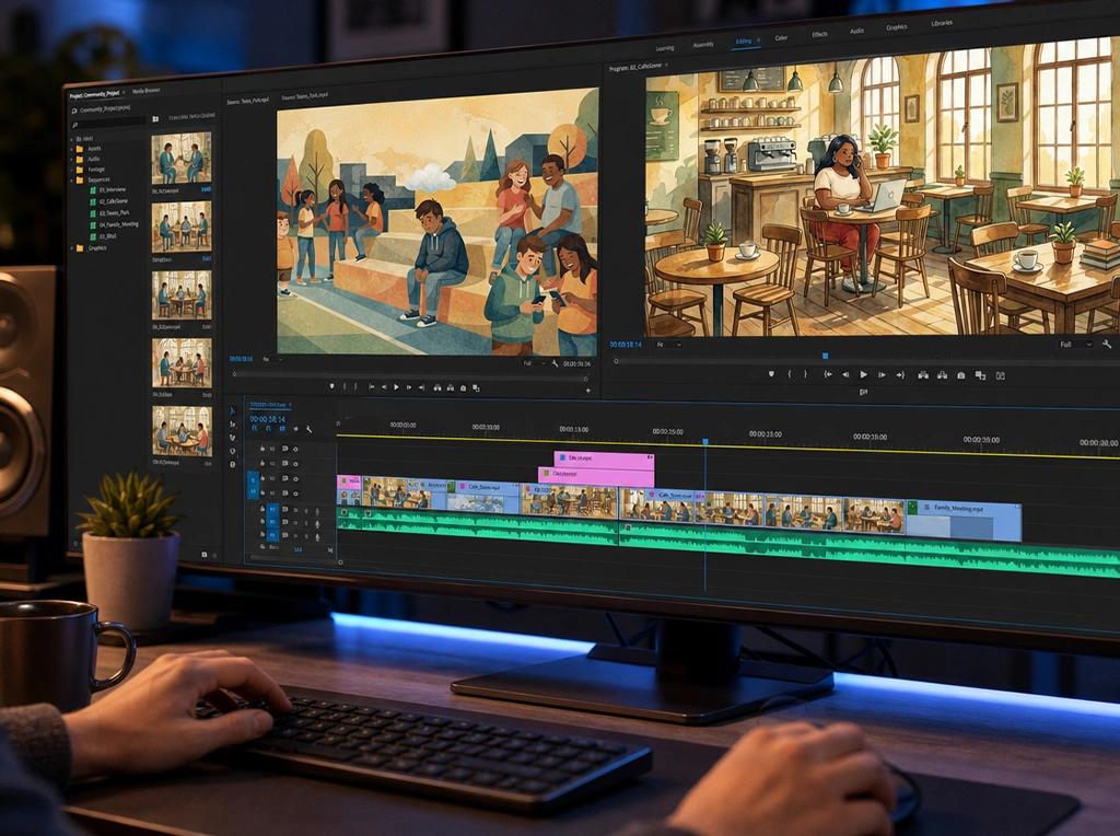 Homepage 12 A freelance video editor with skills in Adobe Premiere and Adobe After Effects is working in Premiere and editing animated frames.